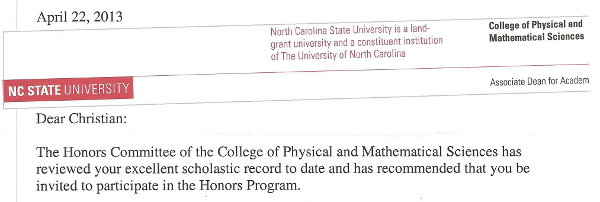 Christian's Math Honor invitation NCSU