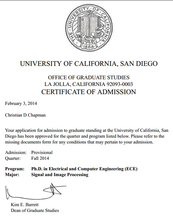 Christian's first PhD acceptance letter from UCSD