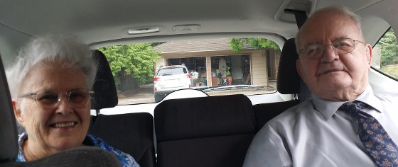 Grandma Sarah and Grandpa Milo ride to meeting in the back of the Honda CRV 2016